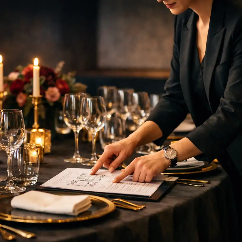 Koordynatorka przygotowująca plan wydarzenia przy elegancko nakrytym stole