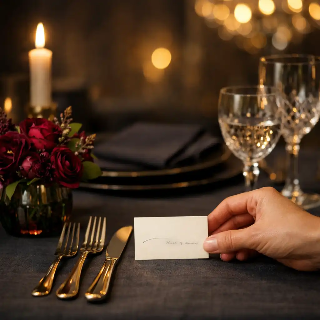 Dłonie układające wizytówkę przy elegancko nakrytym stole
