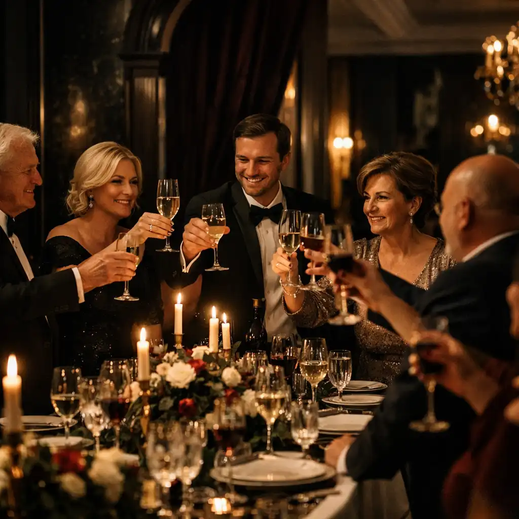 Goście podczas prywatnego rodzinnego toastu przy eleganckim bankietowym stole