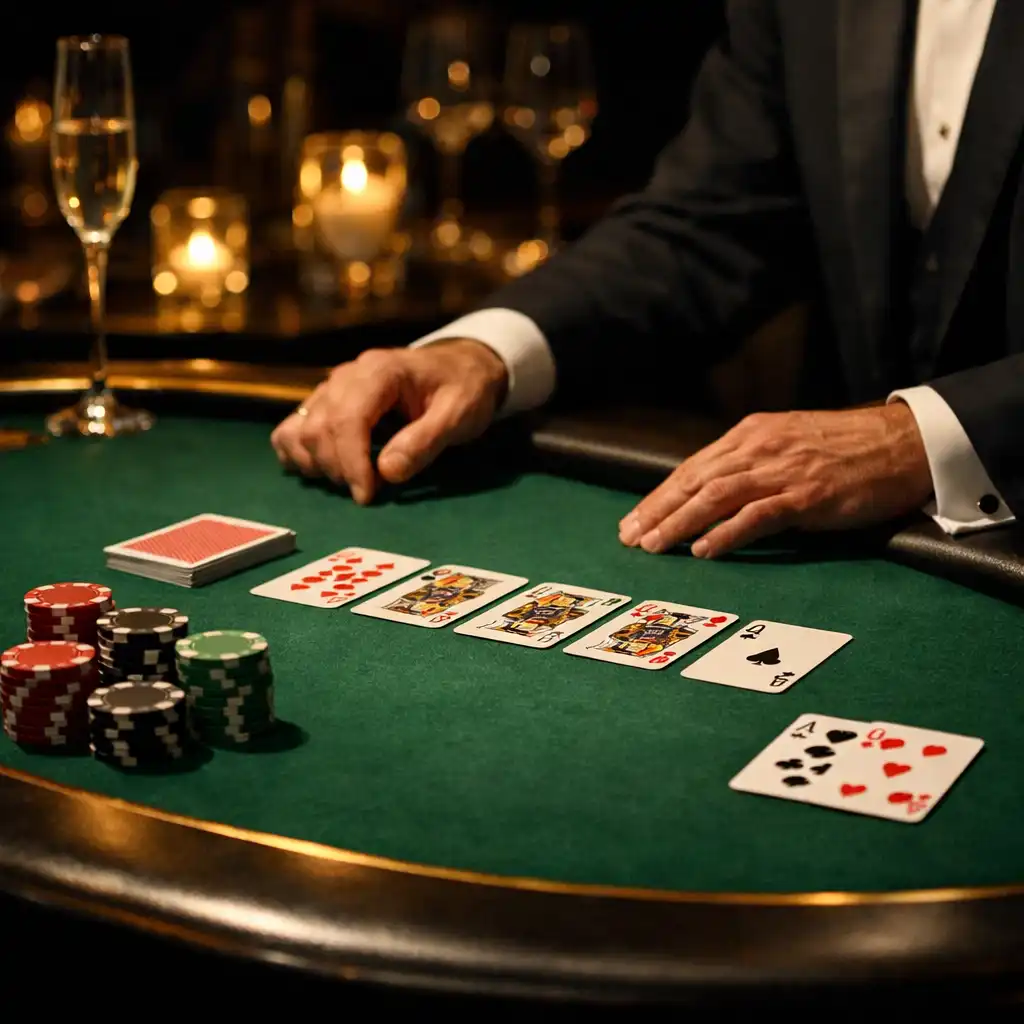 Detal stołu pokerowego z kartami, żetonami i dłońmi krupiera