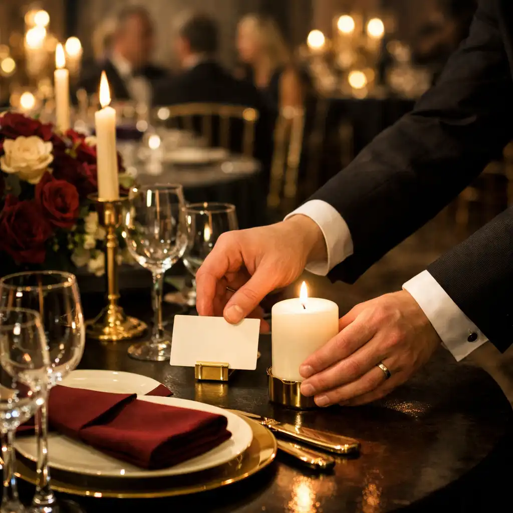 Dłonie układają kartę miejsca i świecę przy elegancko przygotowanym stole